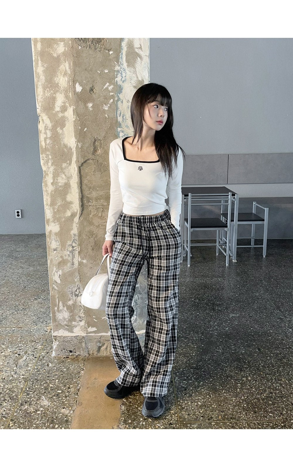 韓國 muahmuah  寬感格子鬆緊帶休閒褲子  (現貨+預購)