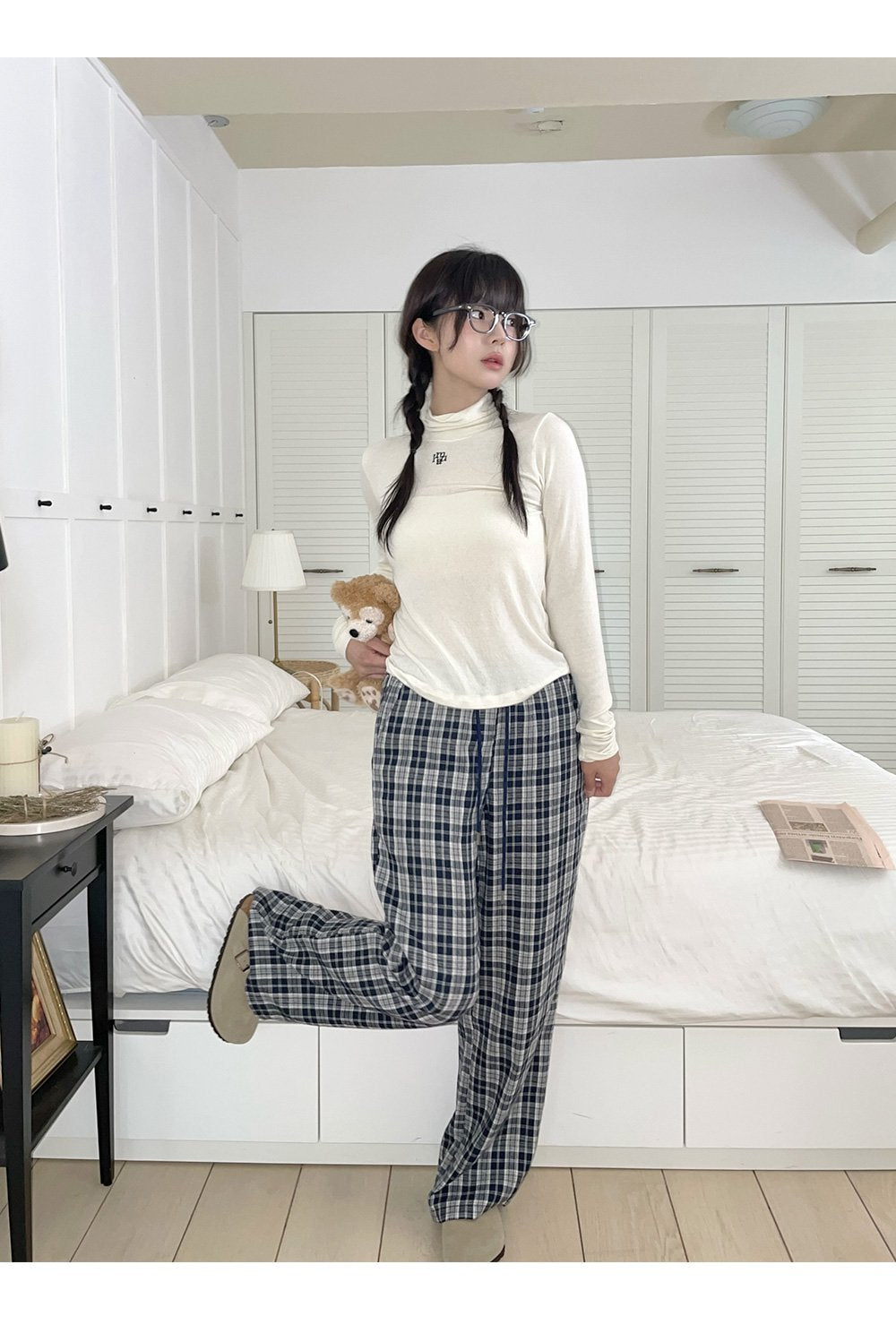 韓國 muahmuah  寬感格子鬆緊帶休閒褲子  (現貨+預購)