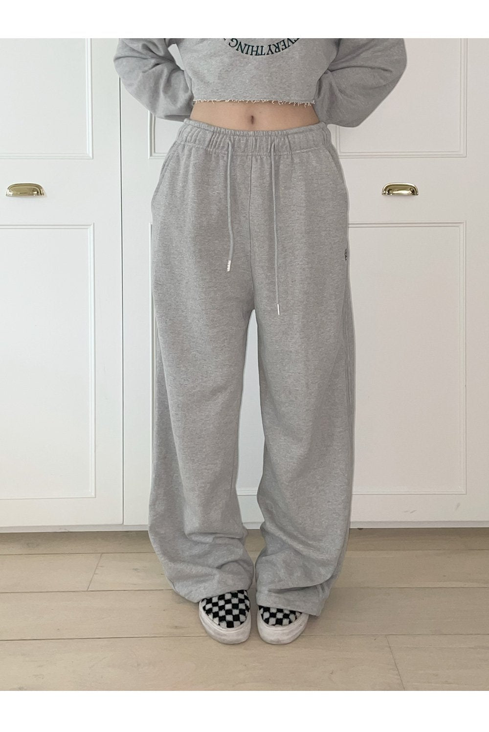 韓國 muahmuah 刺繡LOGO 線條 寬腿 鬆緊帶棉褲  (現貨)