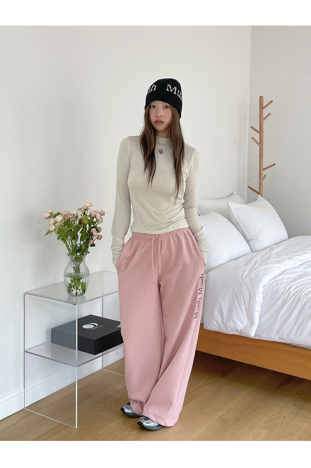 韓國 muahmuah 刺繡LOGO 寬鬆側LOGO休閒鬆緊帶棉褲  (現貨+預購)