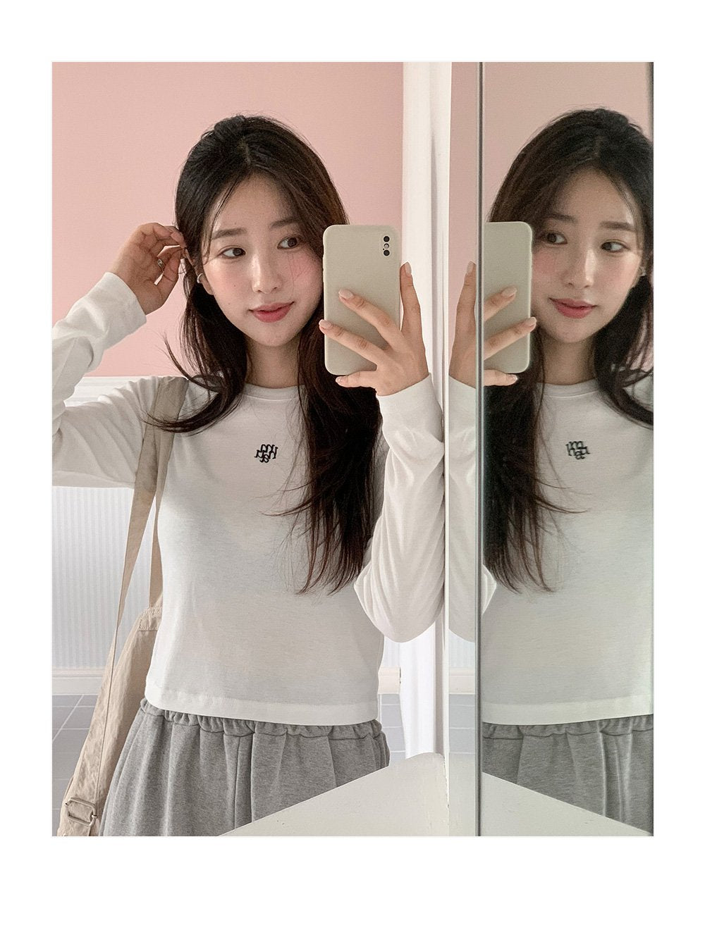 muahmuah 자수 로고 숏핏 얇은 긴팔 티셔츠