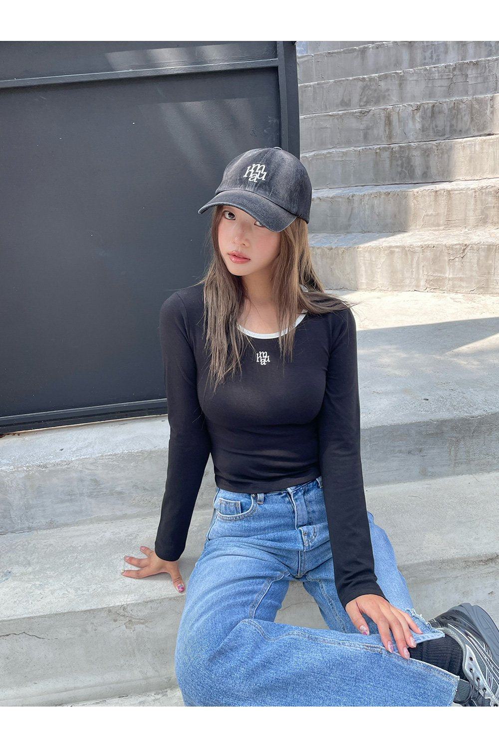 韓國 muahmuah 刺繡LOGO 圓領 配色 長袖T恤  (現貨+預購)