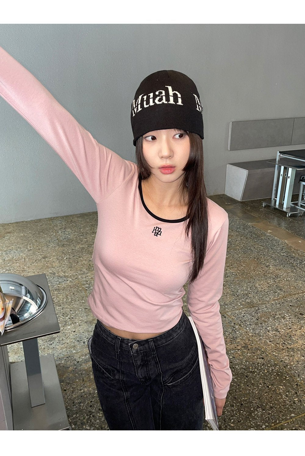 韓國 muahmuah 刺繡LOGO 圓領 配色 長袖T恤  (現貨+預購)