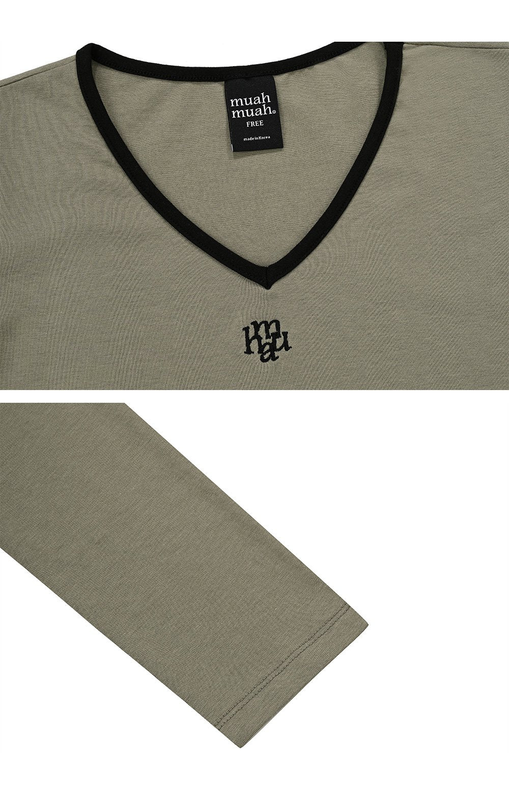 韓國 muahmuah 刺繡LOGO  V領撞色短版合身長袖T恤 (現貨+預購)