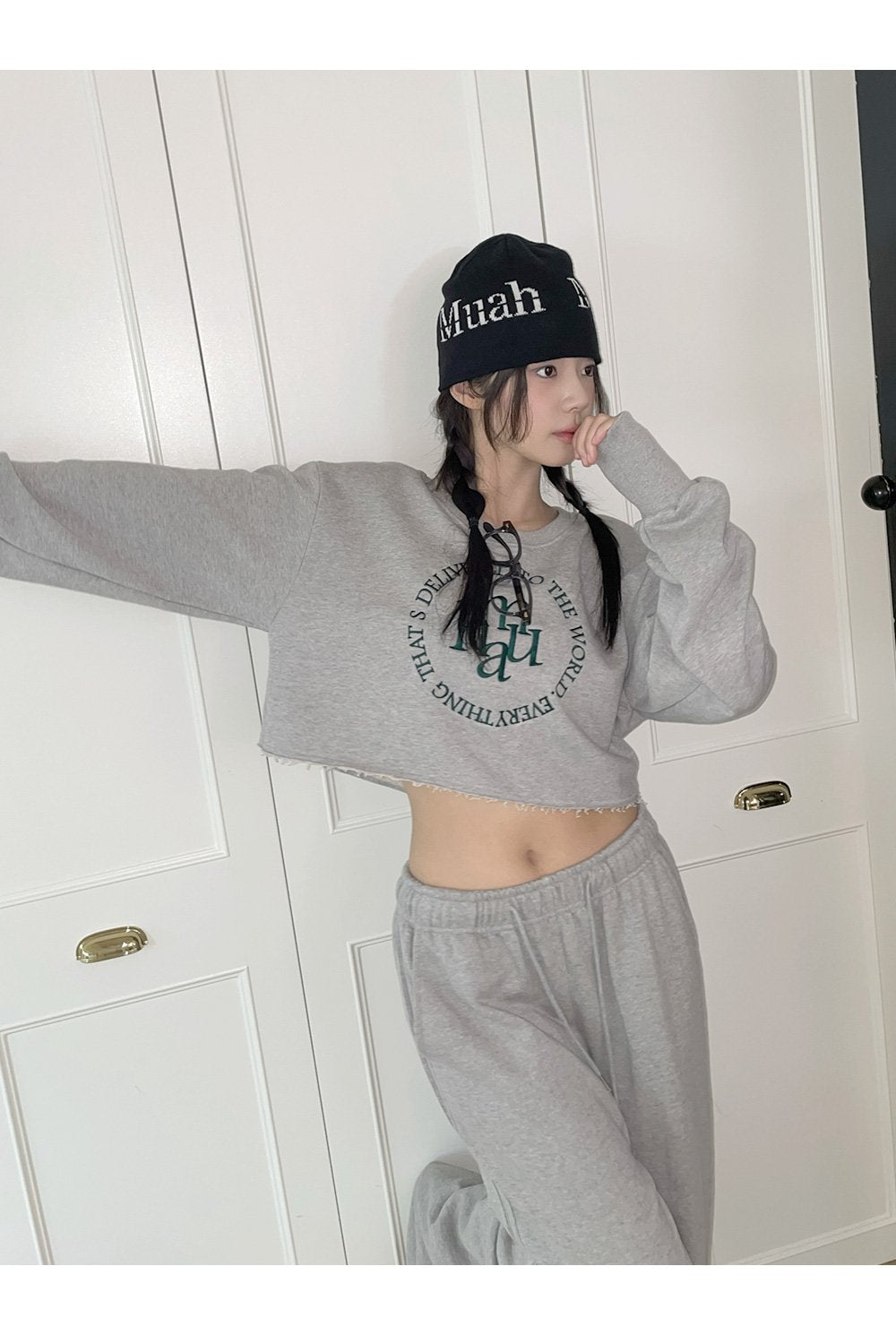 韓國 muahmuah 新款LOGO縫線  短版長袖T恤  (現貨+預購)