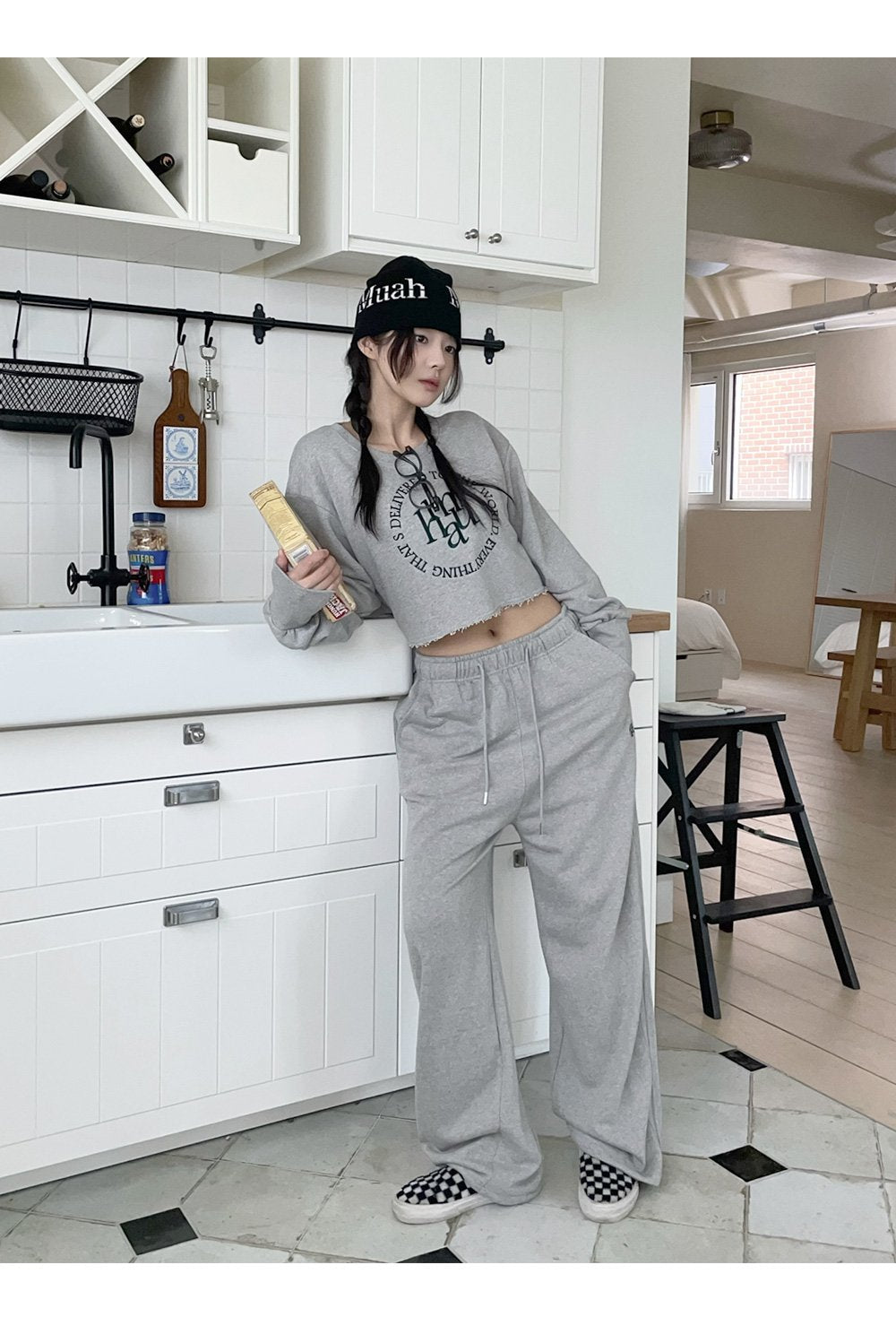 韓國 muahmuah {SET} 短身 長袖T恤  寬腿褲子 套裝 (現貨+預購)