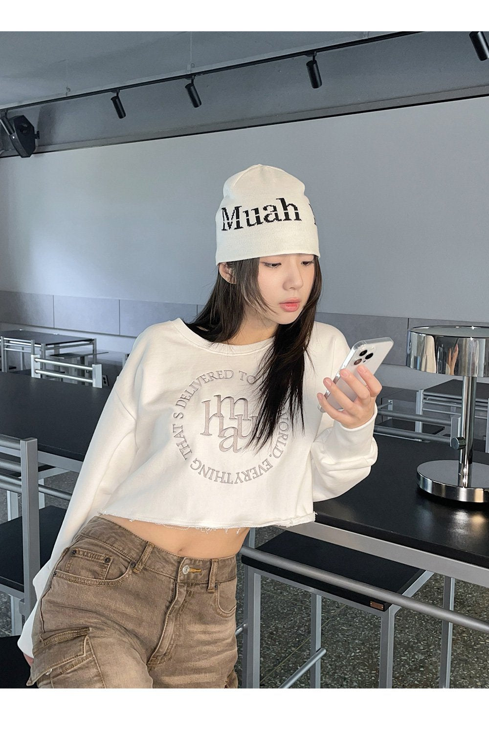 韓國 muahmuah 新款LOGO縫線  短版長袖T恤  (現貨+預購)