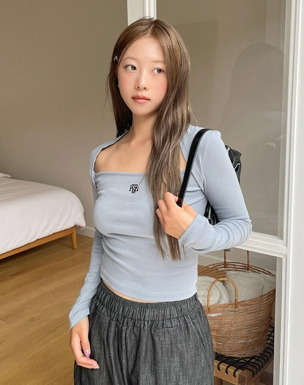 韓國 muahmuah 刺繡LOGO削肩設計短版 長袖T恤  (現貨+預購)