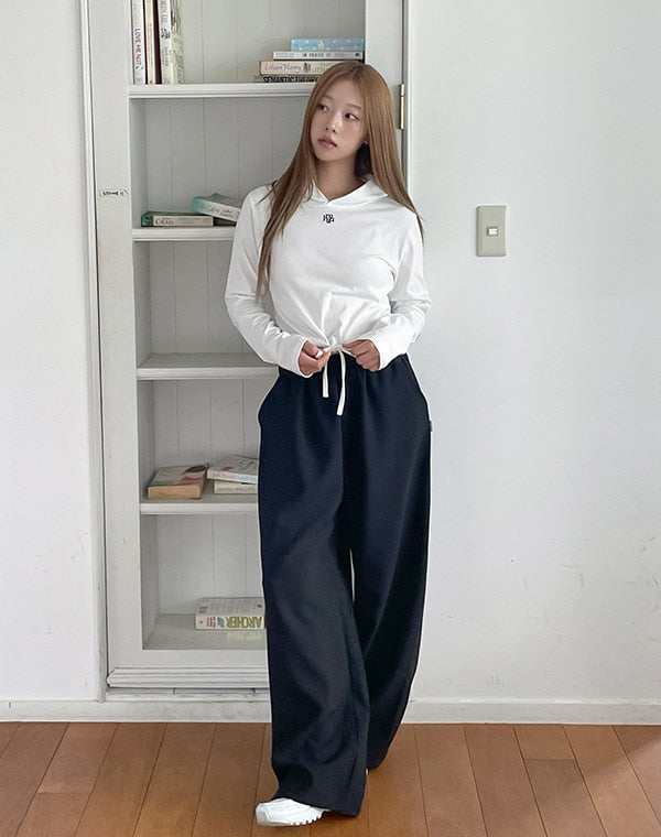 韓國 muahmuah 刺繡LOGO 連帽綁繩 短版 長袖T恤  (現貨+預購)