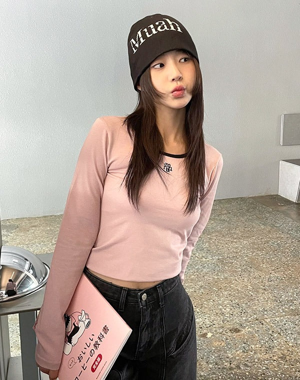 韓國 muahmuah 刺繡LOGO 圓領 配色 長袖T恤  (現貨+預購)