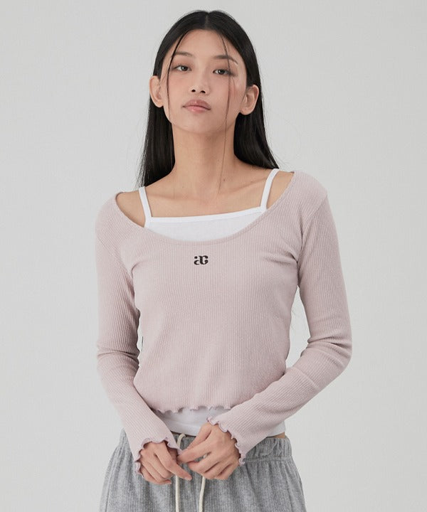 韓國 ACOVER {ac} LOGO U領子 花邊短身長 長袖T恤 (現貨+預購)