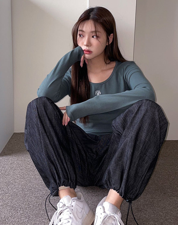 韓國 muahmuah  刺繡LOGO  U領彈力棉 長袖T恤  (現貨+預購)