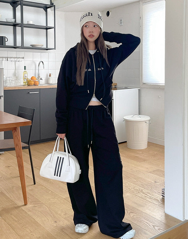 韓國 muahmuah 刺繡LOGO 寬鬆側LOGO休閒鬆緊帶棉褲  (現貨+預購)