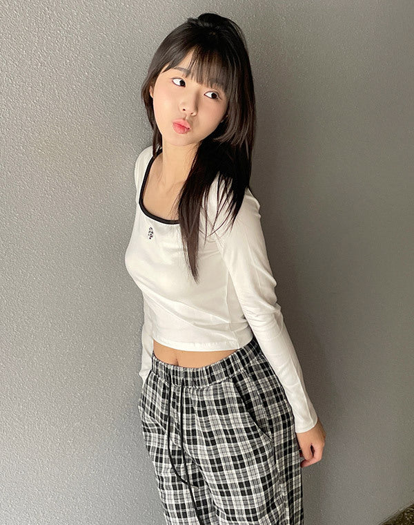 韓國 muahmuah 刺繡LOGO 方形領子  配色 長袖T恤  (現貨+預購)