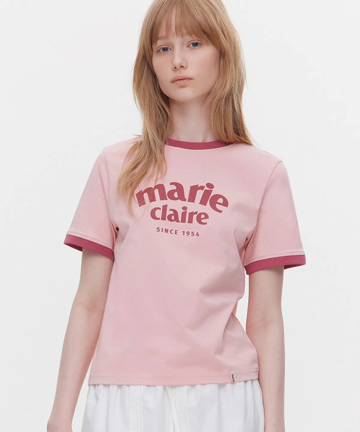 🆕新品上架💖【梨花娘】韓國品牌Marie Claire 學院風弧形 Logo 撞色滾邊短袖上衣(6色)