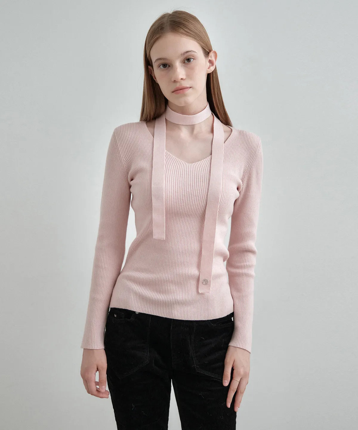 🆕新品上架【梨花娘】韓國🔥Yeoul PICK 氣質溫柔附圍巾圍巾V領修身羅紋針織上衣 (6色)