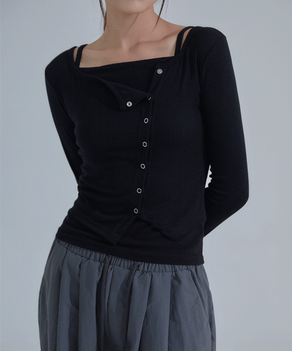 韓國 ACOVER  合身鈕釦不對稱 露臍長袖開衫 (現貨+預購)