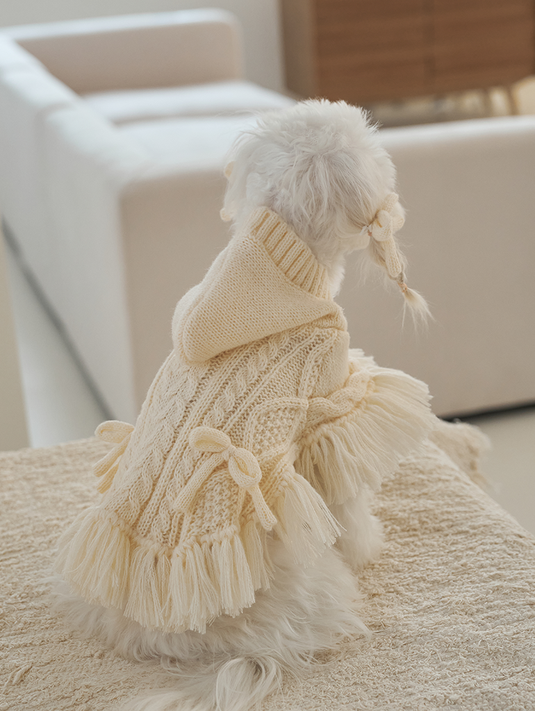 韓國【梨花娘】🐾BAILEY 🐶秋冬新品 針織毛線斗篷連帽蝴蝶結保暖寵物毛衣(2色)