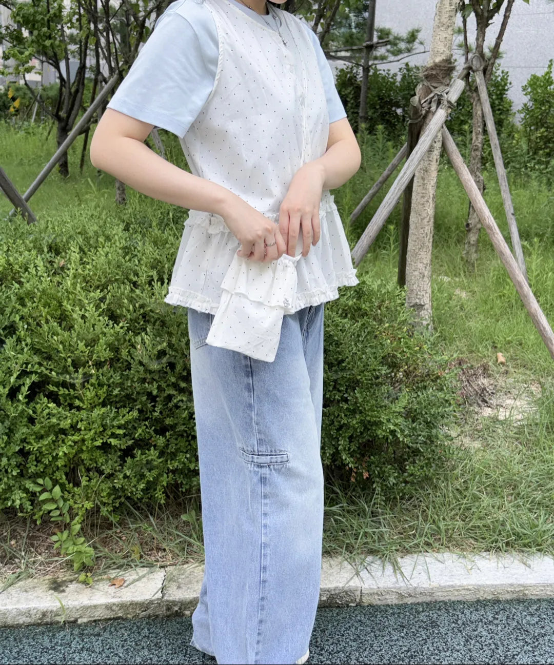🆕新品上架💖【梨花娘】韓國品牌THE GREEN LAB 法式點點荷葉邊層次上衣+同款小包(2色)