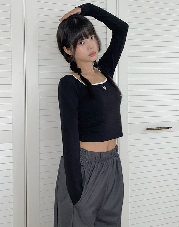 韓國 muahmuah 刺繡LOGO 方形領子  配色 長袖T恤  (現貨+預購)