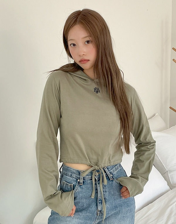 韓國 muahmuah 刺繡LOGO 連帽綁繩 短版 長袖T恤  (現貨+預購)