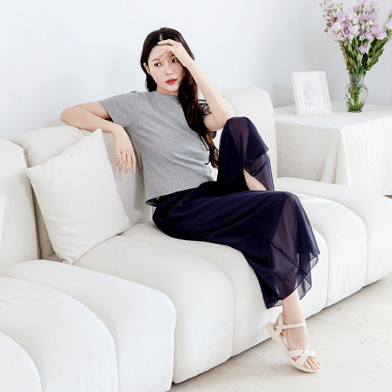 🆕新品上架【梨花瑪雅】選品新款💕深藍色雪紡飄逸長寬褲裙