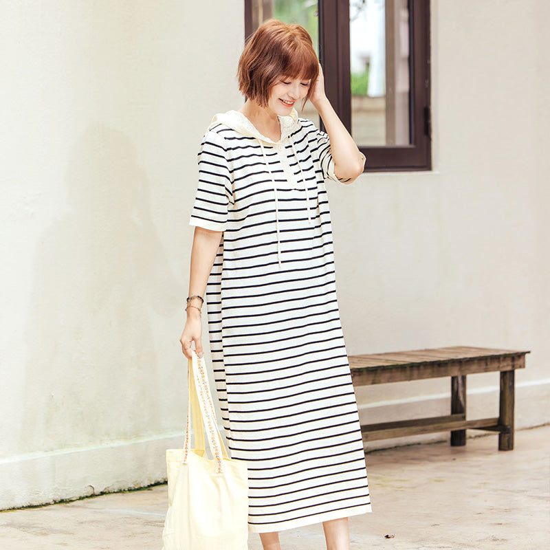 🆕新品上架【梨花瑪雅】實拍選品緹花連帽條紋薄針織休閒寬鬆洋裝