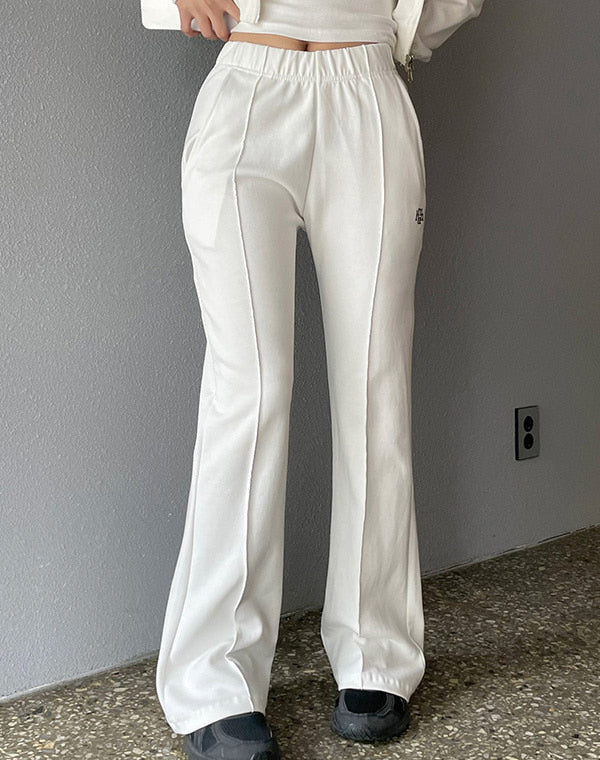 무아무아 로고 자수 슬림핏 코튼 플레어 팬츠