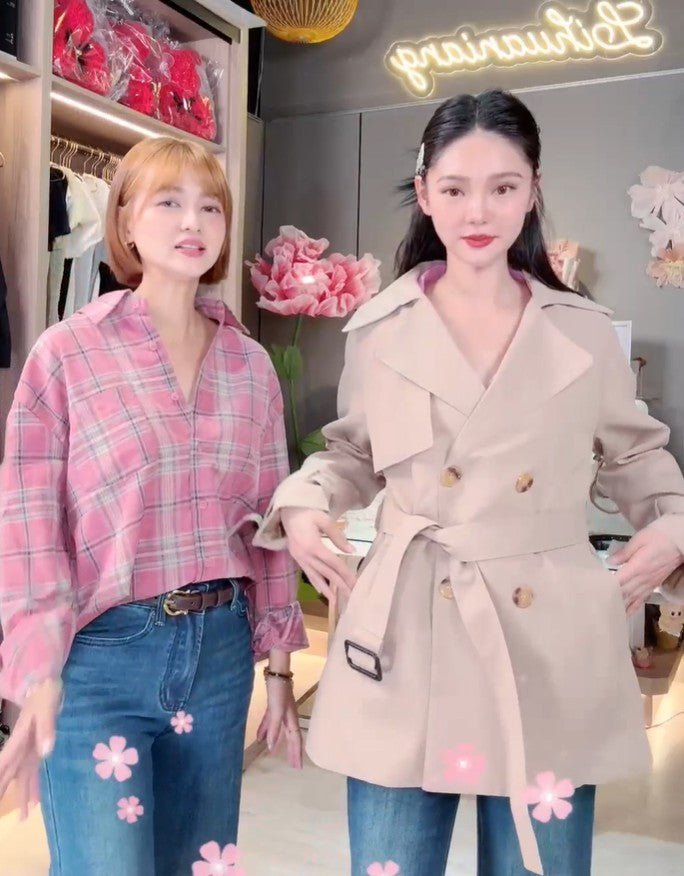 🆕新品上架【梨花瑪雅】短版英倫風卡其色經典雙排釦修身風衣外套