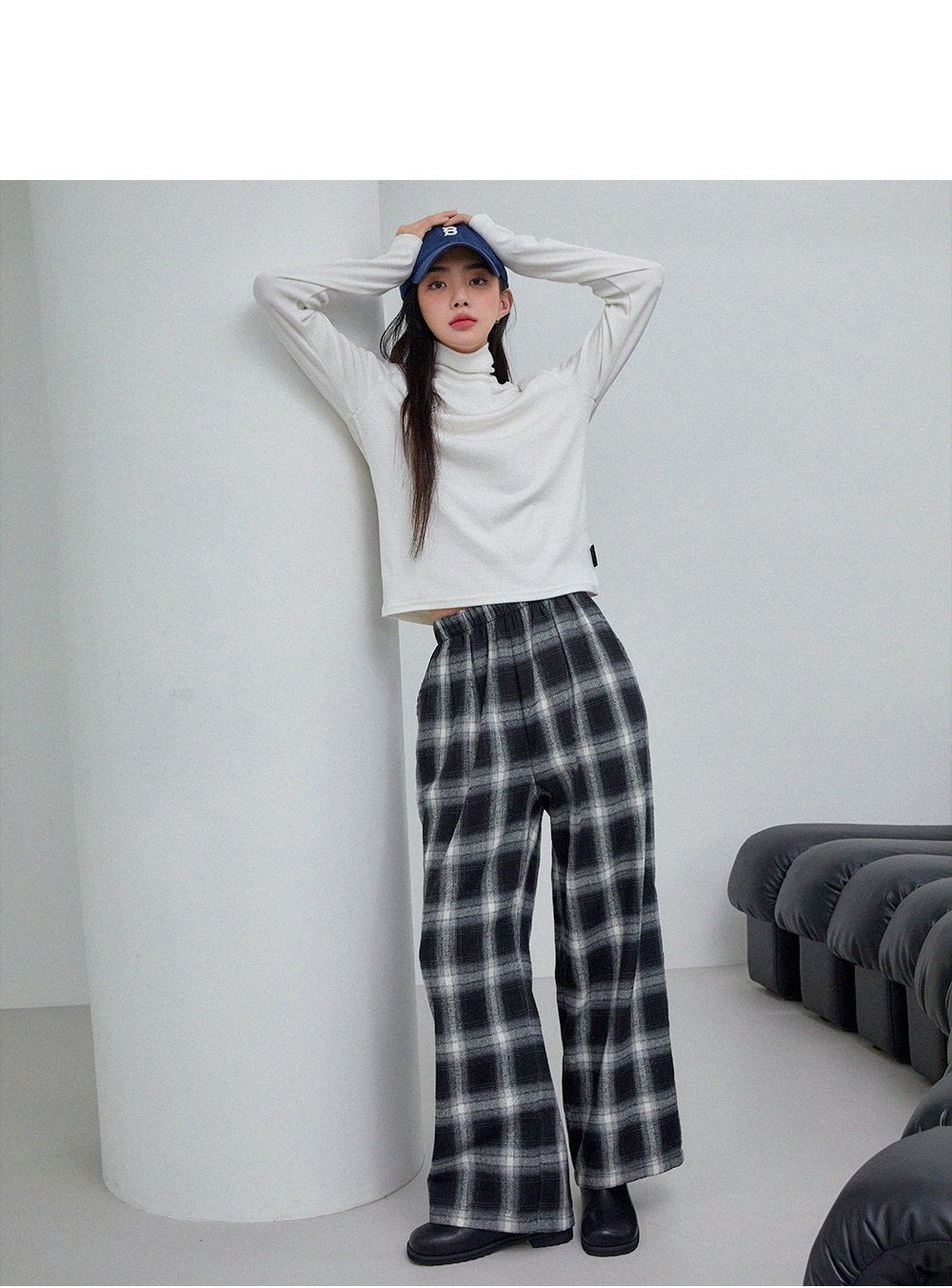 韓國 muahmuah {新品9折特惠} 方格子寬腿鬆緊帶 褲子  (現貨)