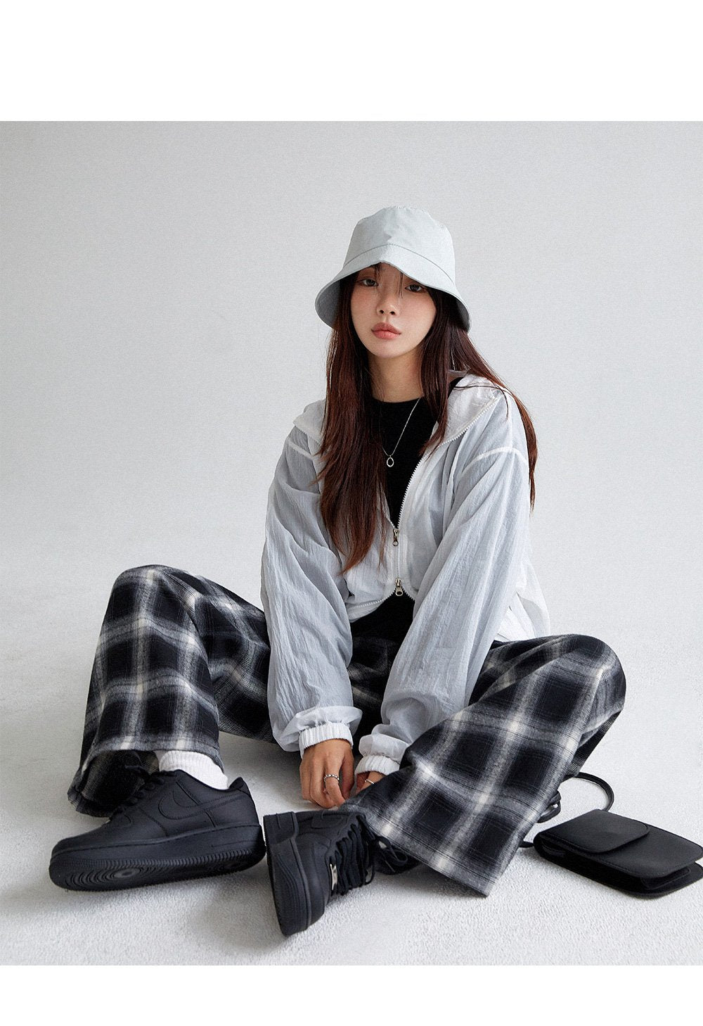 muahmuah {신제품 10% 할인} 체크무늬 와이드 레그 엘라스틱 밴드 팬츠