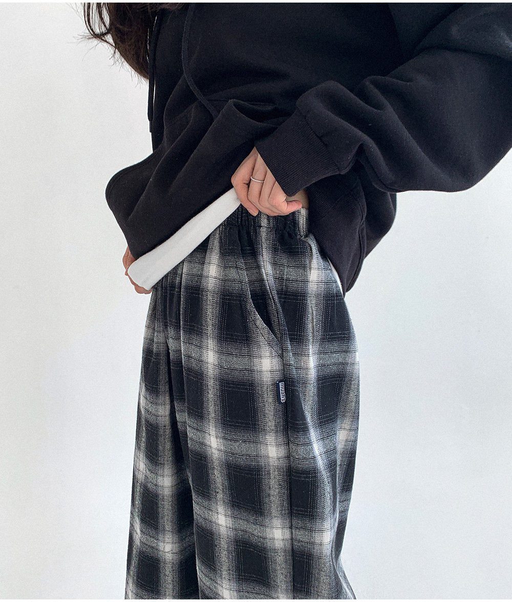 韓國 muahmuah {新品9折特惠} 方格子寬腿鬆緊帶 褲子  (現貨)