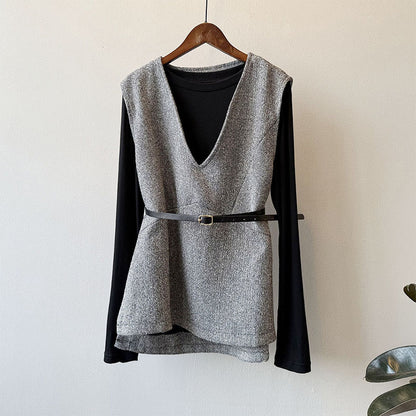 💕新品上架【梨花瑪雅】經典時尚修身V領馬甲背心附皮帶上衣💖💖