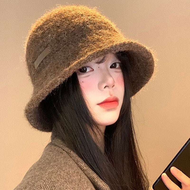 🆕新品上架💖【梨花瑪雅】💕韓系簡約美拉德皮標復古針織漁夫帽顯臉小(5色)