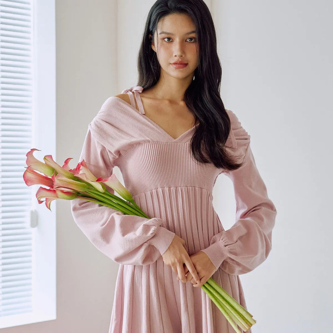 🆕新品上架【梨花娘】💕韓國品牌 ZEROPLANET 蝴蝶結綁帶針織傘擺連身柔美粉色洋裝