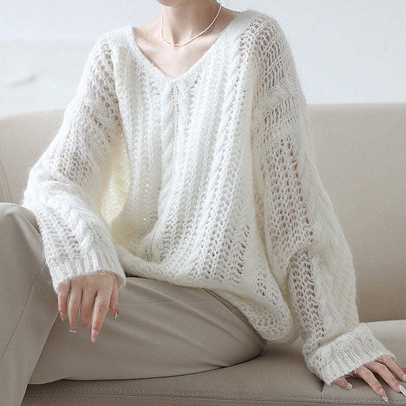 🆕新品上架💖【梨花瑪雅】🍂秋冬新款法式慵懶V領縷空柔軟馬海毛針織毛衣(3色)