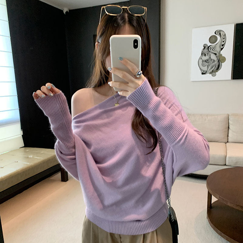 🆕新品上架💖【梨花瑪雅】🔥親膚溫柔法式慵懶斜肩針織上衣(4色)💖 韓國連線