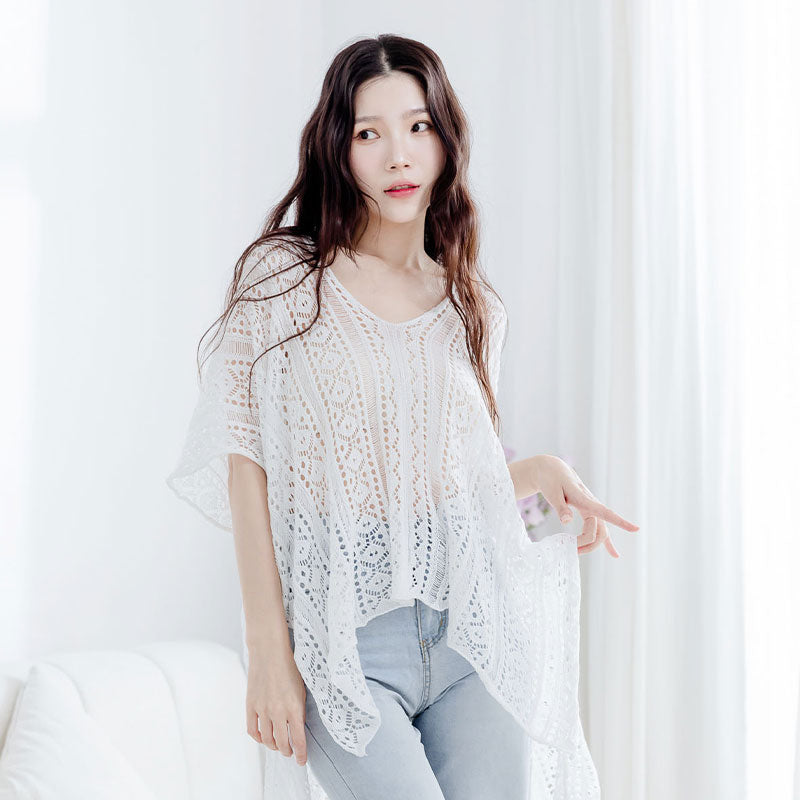 🆕新品上架【梨花瑪雅】實拍選品渡假風側邊綁繩緹花縷空薄款針織上衣(三色)