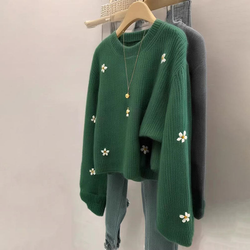 💜新品上架【梨花瑪雅】韓系溫柔立體小花刺繡圓領針織衫👚🌼(兩色)