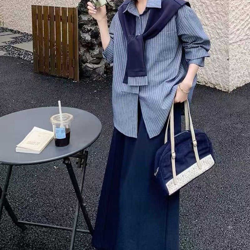 🆕新品上架💖【梨花瑪雅】秋款披肩條紋襯衫減齡穿搭休閒韓風三件式套裝🤞