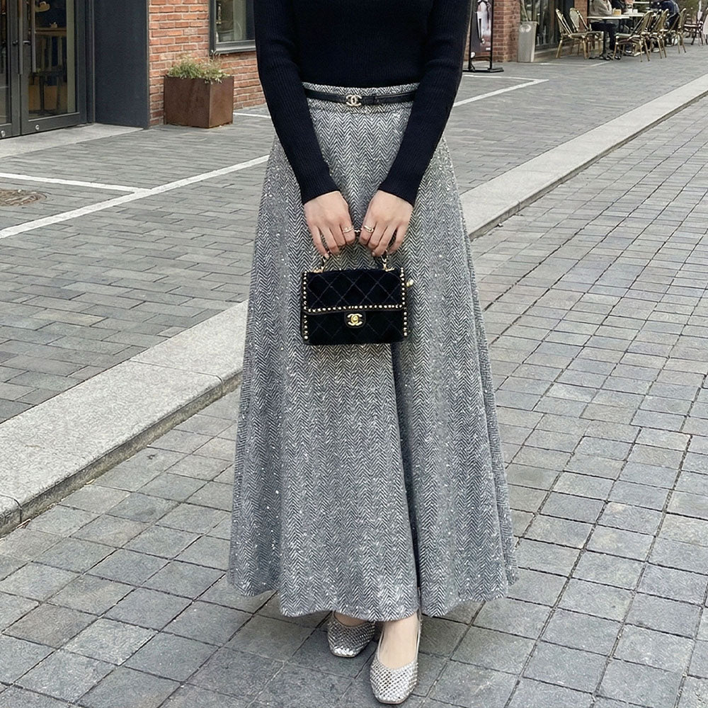 💜新品上架【梨花瑪雅】氣質名媛法式優雅星光人字紋直筒修身灰色亮片毛呢長裙(S~4XL)
