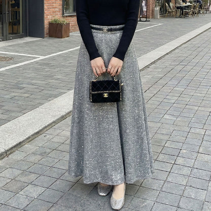 💜新品上架【梨花瑪雅】氣質名媛法式優雅星光人字紋直筒修身灰色亮片毛呢長裙(S~4XL)
