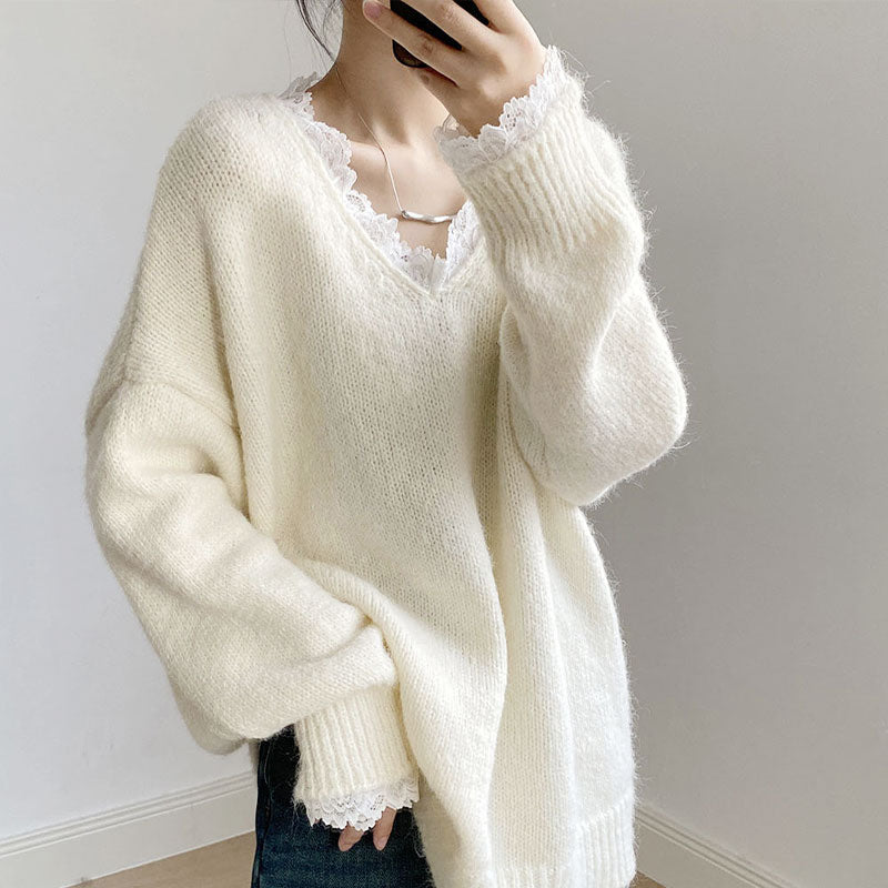 💕新品上架【梨花瑪雅】爆紅蕾絲花邊毛衣冬季慵懶寬鬆柔軟溫柔針織上衣💖💖(3色)