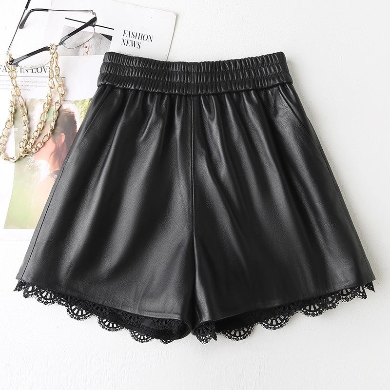 🆕新品上架💖【梨花瑪雅】🔥優雅精緻簡約百搭高腰蕾絲拼接羊皮短褲💖韓國連線