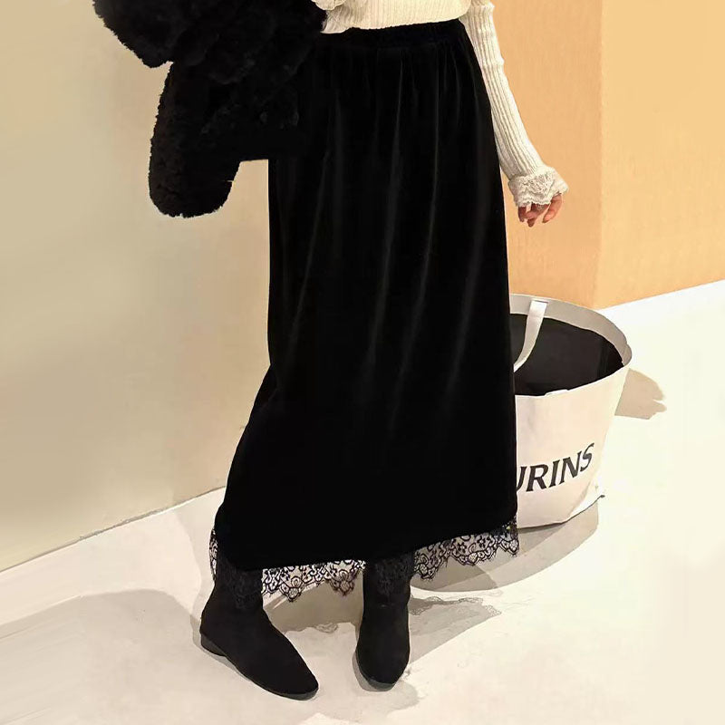 🆕新品上架💖【梨花瑪雅】輕奢鬆緊腰修身A字質感絲絨下擺絕美蕾絲黑色長裙