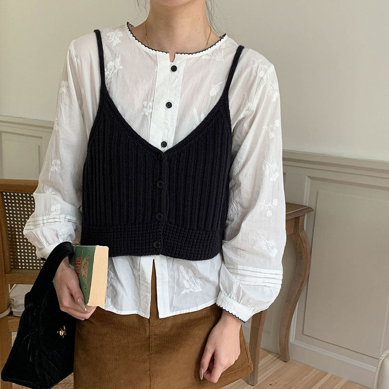 🆕新品上架【梨花瑪雅】🍁韓系溫柔百搭疊穿寬鬆開襟針織吊帶背心(3色)🤞