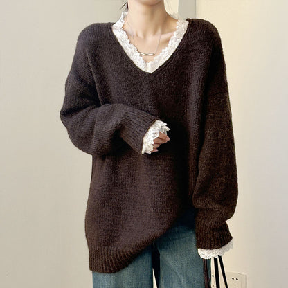 💕新品上架【梨花瑪雅】爆紅蕾絲花邊毛衣冬季慵懶寬鬆柔軟溫柔針織上衣💖💖(3色)