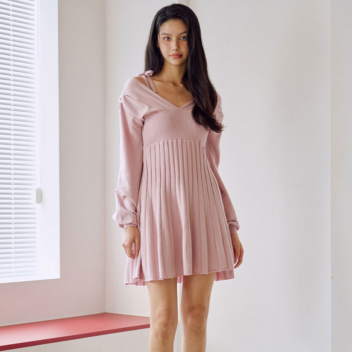 🆕新品上架【梨花娘】💕韓國品牌 ZEROPLANET 蝴蝶結綁帶針織傘擺連身柔美粉色洋裝