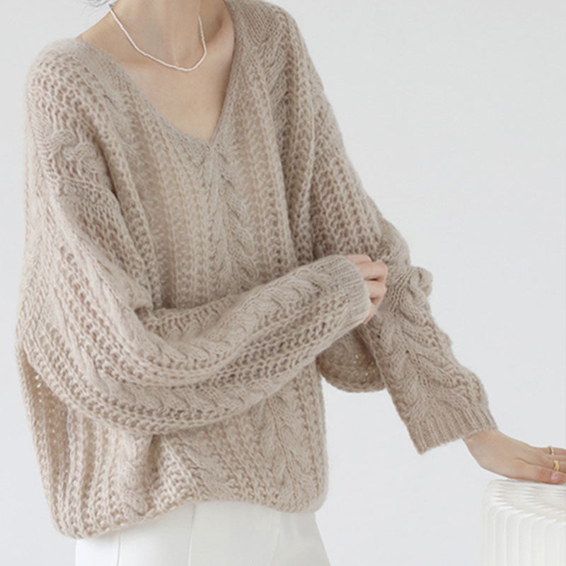 🆕新品上架💖【梨花瑪雅】🍂秋冬新款法式慵懶V領縷空柔軟馬海毛針織毛衣(3色)