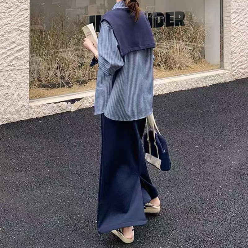 🆕新品上架💖【梨花瑪雅】秋款披肩條紋襯衫減齡穿搭休閒韓風三件式套裝🤞